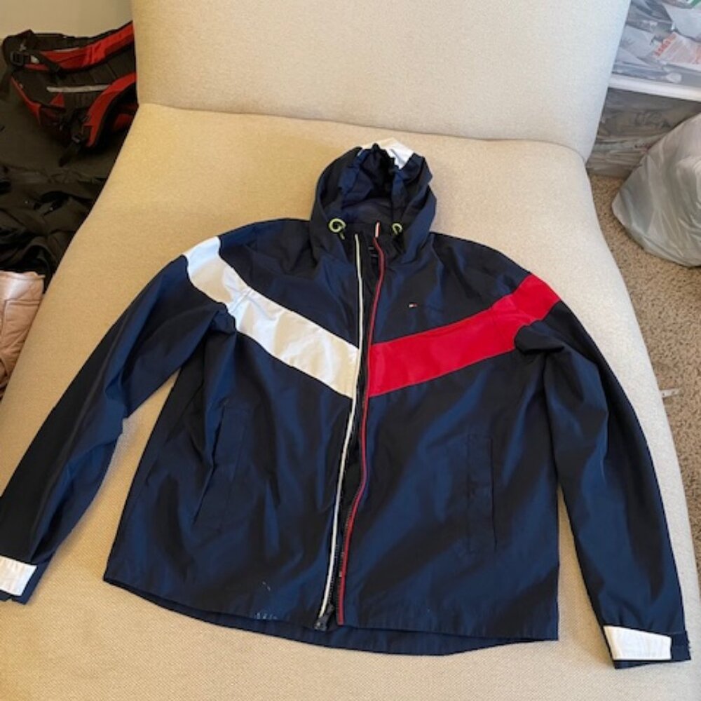 Tommy Hilfiger Mens M Womens L Navy Blue White & Red Zipper Hooded Jacket